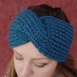 blue chunky knit hand knitted turban knit headband for women kingfisher blue accessories bohemian turban, wide headband.