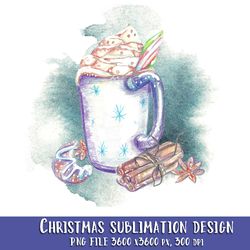 christmas sublimation design watercolor hot cocoa mug. hand painted winter watercolor clipart, png clipart.