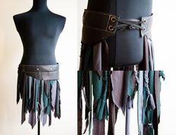 black tattered warriors skirt for larp costume or fantasy cosplay. dnd barbarian garb. pixie dress. elf ranger. woodland