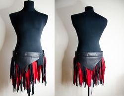 red barbarian skirt for larp costume or fantasy cosplay. dnd warrior garb. viking dress. mad max style. postapocalypse