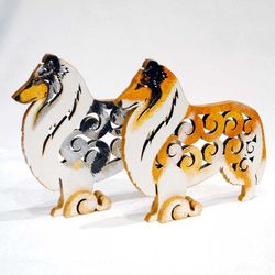 statuette collie, figurine collie made of wood (tricolor, merle, sable)