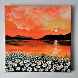 sunset painting landscape texture painting daisies impasto painting floral wall decor sunset painting canvas art