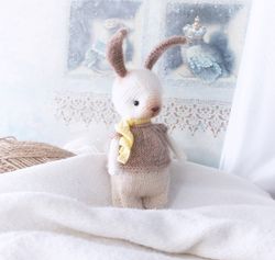 baby bunny doll with clothes, white rabbit plush animal, rabbit toy, woodland nursery decor, collectible stuffed doll