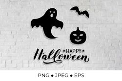 happy halloween lettering with silhouette of pumpkin, bat, ghost and spiders svg