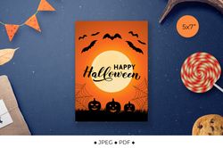 halloween card with pumpkins, bats and cobweb. halloween card printable