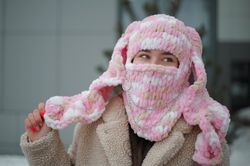 hand knitted multicolored hat rabbit balaclava with big ears bunny with chain face mask ski winter warm hat