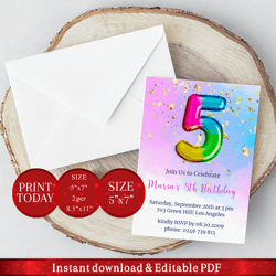 editable 5th birthday invitation with rainbow foil balloon. invitation, party announcement template