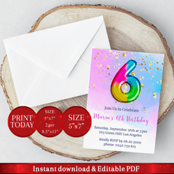 editable 6th birthday invitation with rainbow foil balloon. invitation, party announcement template