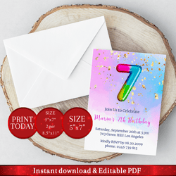 editable 7th birthday invitation with rainbow foil balloon. invitation, party announcement template