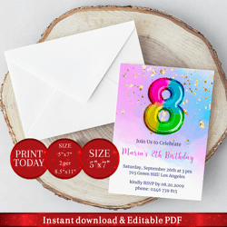 editable 8th birthday invitation with rainbow foil balloon. invitation, party announcement template