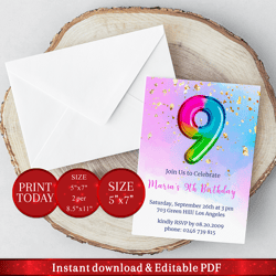 editable 9th birthday invitation with rainbow foil balloon. invitation, party announcement template