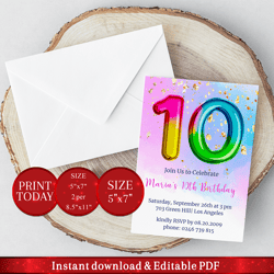 editable 10th birthday invitation with rainbow foil balloon. invitation, party announcement template