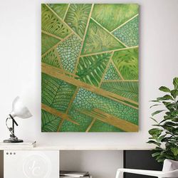 green and gold abstract wall art chartreuse original art floral painting botanical art green leaves art 30 by 40 inches