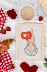 birthday gnome,  cross stitch pattern, valentine's day, digital cross stitch pattern, counted cross stitch