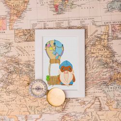 balloonist, cross stitch pattern, gnome cross stitch, travel cross stitch