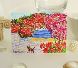 miniature south landscape with cat near the sea, aceo, watercolor