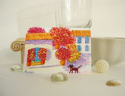 miniature southern landscape with street and cat near the sea, aceo, watercolor