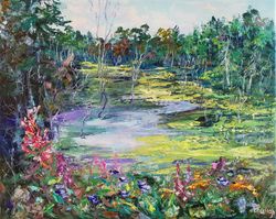 pond forest flowers oil painting landscape impasto original artist svinar oksana