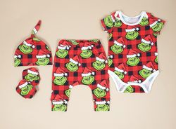 stole xmas set of 4: baby onesie, harem pants, knot hat and mittens, newborn outfit, baby boy outfit,baby girl outfit