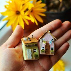 set of two tiny wooden houses, driftwood art, small house, eco gift, house miniature, pink house, green wood hoose