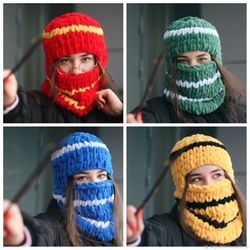 balaclava hand knitted hat wizard knitted faculties of hogwarts harry potter gryffindor, slytherin, ravenclaw