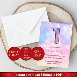 editable 1st birthday invitation with rainbow sky balloon. invitation, party announcement template