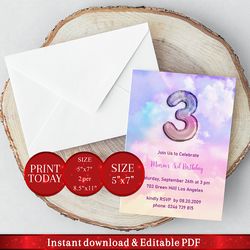 editable 3rd  birthday invitation with rainbow sky balloon. invitation, party announcement template