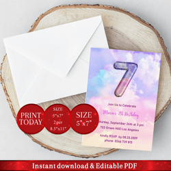 editable 7th  birthday invitation with rainbow sky balloon. invitation, party announcement template