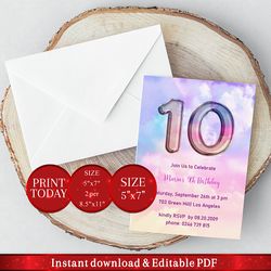 editable 10th  birthday invitation with rainbow sky balloon. invitation, party announcement template