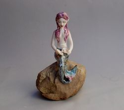 mermaid porcelain figurine, shelf sitter figurine ,ceramic sculpture, seated figurine ,fairy girl ,sea siren