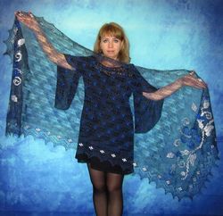 dark navy blue embroidered scarf, warm russian orenburg shawl, goat wool wrap, bridal cover up, kerchief, cape, stole