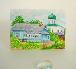 miniature russian village landscape with house and church, watercolor painting, aceo original