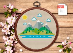 the mountains cross stitch pattern, island cross stitch, embroidery travel, travel cross stitch pattern