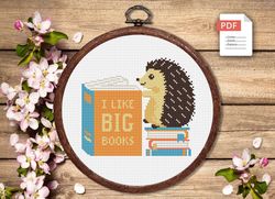 i like big books cross stitch pattern, hedgehog cross stitch pattern, books cross stitch pattern, books patterns