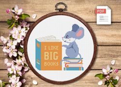 i like big books cross stitch pattern, mouse cross stitch pattern, books cross stitch pattern, books patterns