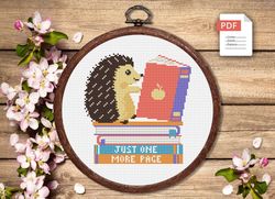 just one more page cross stitch pattern, hedgehog cross stitch pattern, books cross stitch pattern, books patterns