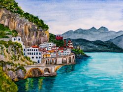 amalfi coast original watercolor painting italy landscape artwork european cityscape wall art