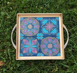 bright wood square coffee tray decorated with handpainted tiles