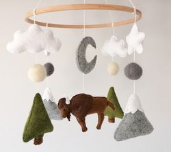 bison baby mobile nursery, forest crib mobile,gray mountains cot mobile,woodland mobile for girl boy ,neutral mobile