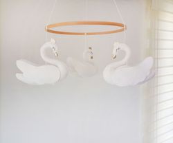 swan nursery mobile, white princess swan crib mobile,girl nursery cot mobile,gold crown swan mobile,baby shower gift