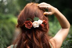 terracotta wedding flower hair comb, autumn hair comb with ivory realistic roses. rustic burnt orange wedding headpiece