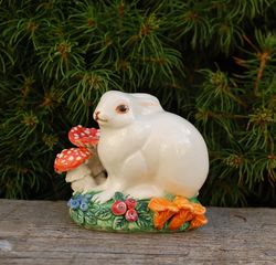 small handmade porcelain figurine cute rabbit mushroom decor fly agaric, chanterelles, berries ceramic figurine