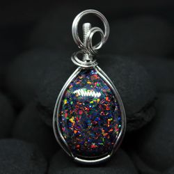 teardrop black opal pendant. laboratory opals and stainless steel wire. mosaic opal necklace, wire wrap handmade