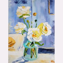 flower oil painting rose bouquet canvas wall art still life original artwork above sofa 12" by 16"