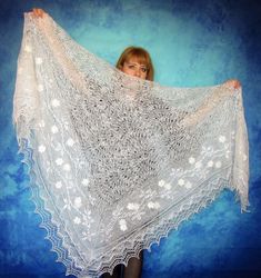 white embroidered orenburg russian shawl, wedding stole, warm bridal cape, hand knit cover up, wool wrap, handmade scarf