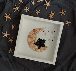 moon and stars. moon and stars nursery decor. shell wall art. moon stars nursery. pebble decor. coastal wall decor.