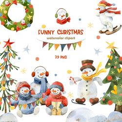 christmas funny snowman cartoon watercolor clipart