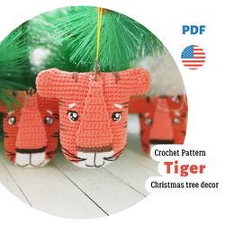 crochet tiger toy pattern, amigurumi christmas ornament, crochet tiger christmas decor pdf pattern by crochettoysforkids