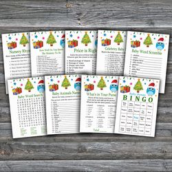 christmas tree baby shower games bundle,winter themed baby shower games package,fun baby shower games,9 printable games