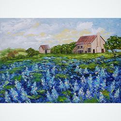 bluebonnet painting texas original art farm wall art landscape artwork impasto oil painting